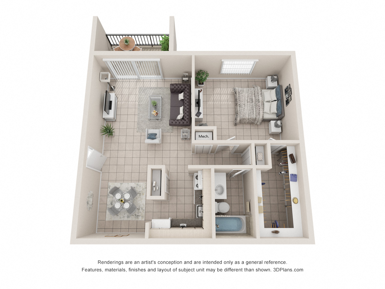 Floor plan for 1 bed, 1 bath, 732 sqft